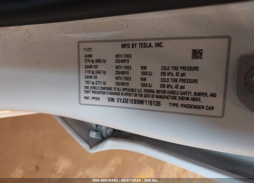 2022 TESLA MODEL 3 LONG RANGE DUAL MOTOR ALL-WHEEL DRIVE VIN: 5YJ3E1EB9NF118135
