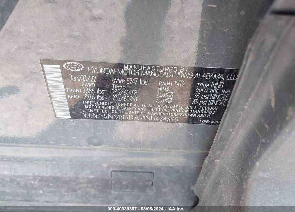 2022 HYUNDAI SANTA FE XRT VIN: 5NMS6DAJ1NH424395