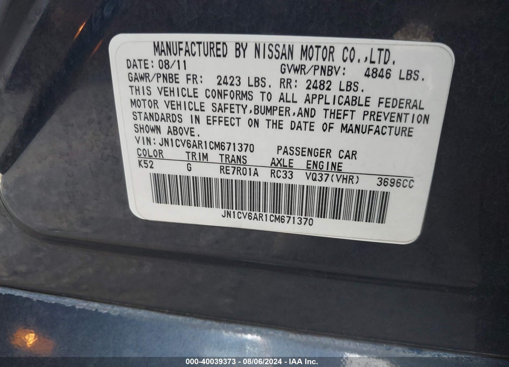 2012 INFINITI G37X VIN: JN1CV6AR1CM671370