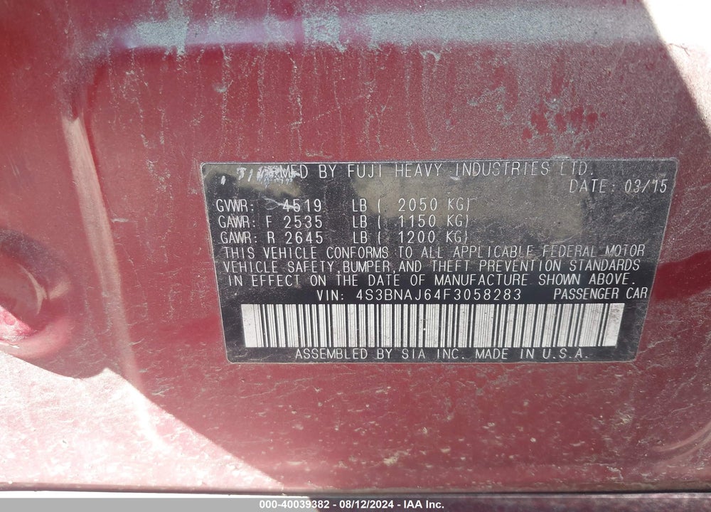 2015 SUBARU LEGACY 2.5I LIMITED VIN: 4S3BNAJ64F3058283