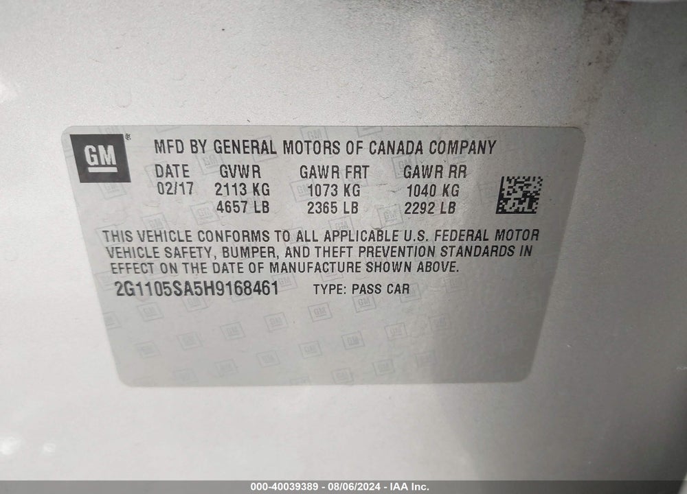 2017 CHEVROLET IMPALA 1LT VIN: 2G1105SA5H9168461