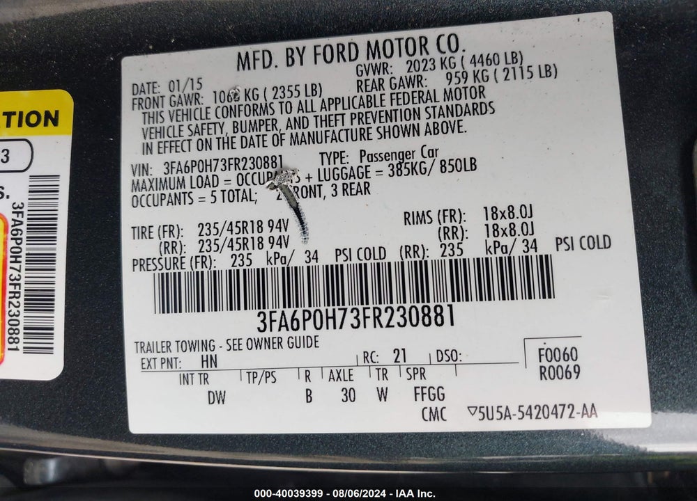 2015 FORD FUSION SE VIN: 3FA6P0H73FR230881