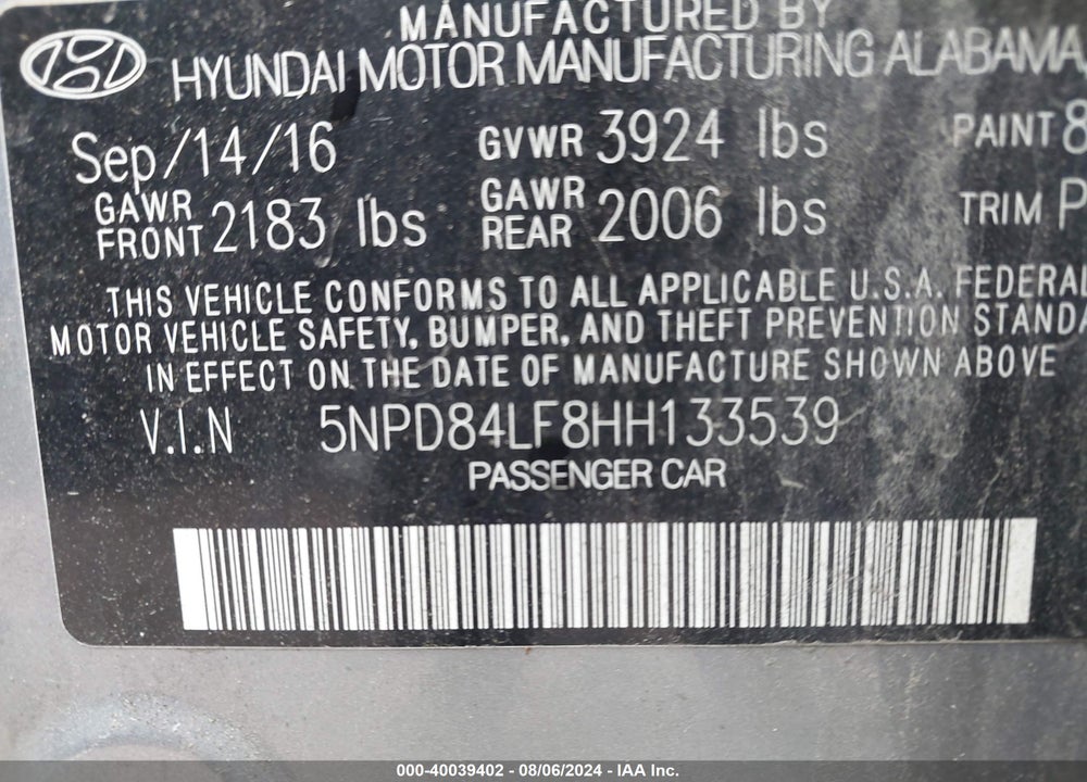 2017 HYUNDAI ELANTRA SE VIN: 5NPD84LF8HH133539