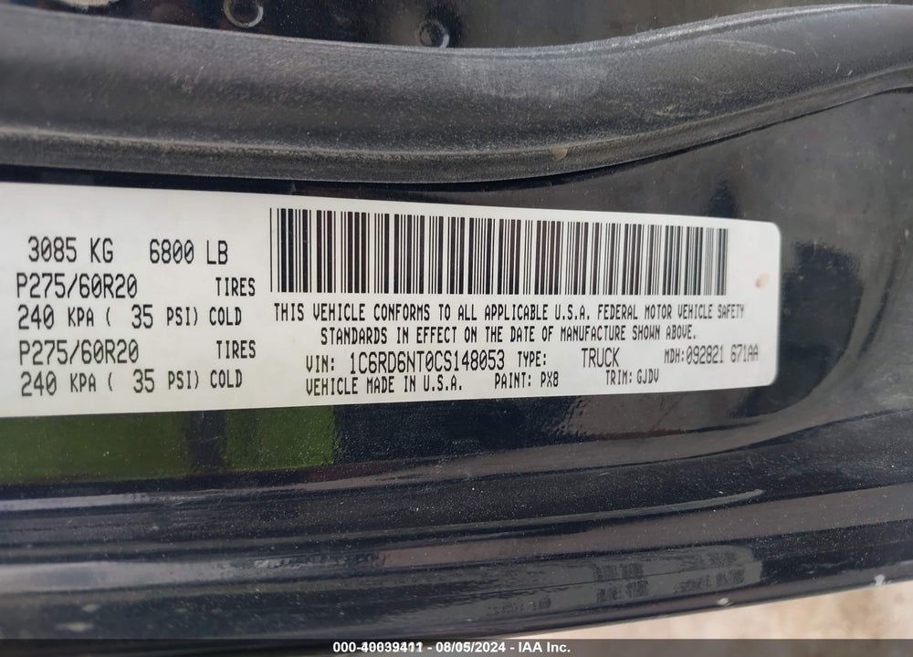 2012 RAM 1500 LAIE VIN: 1C6RD6NT0CS148053