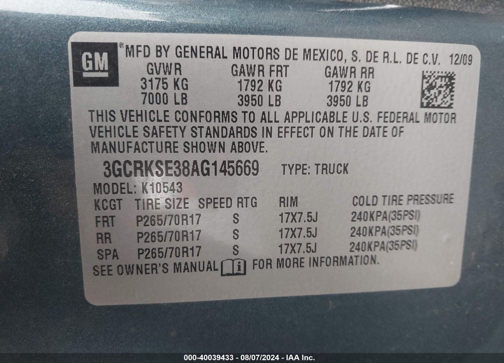 2010 CHEVROLET SILVERADO 1500 LT VIN: 3GCRKSE38AG145669