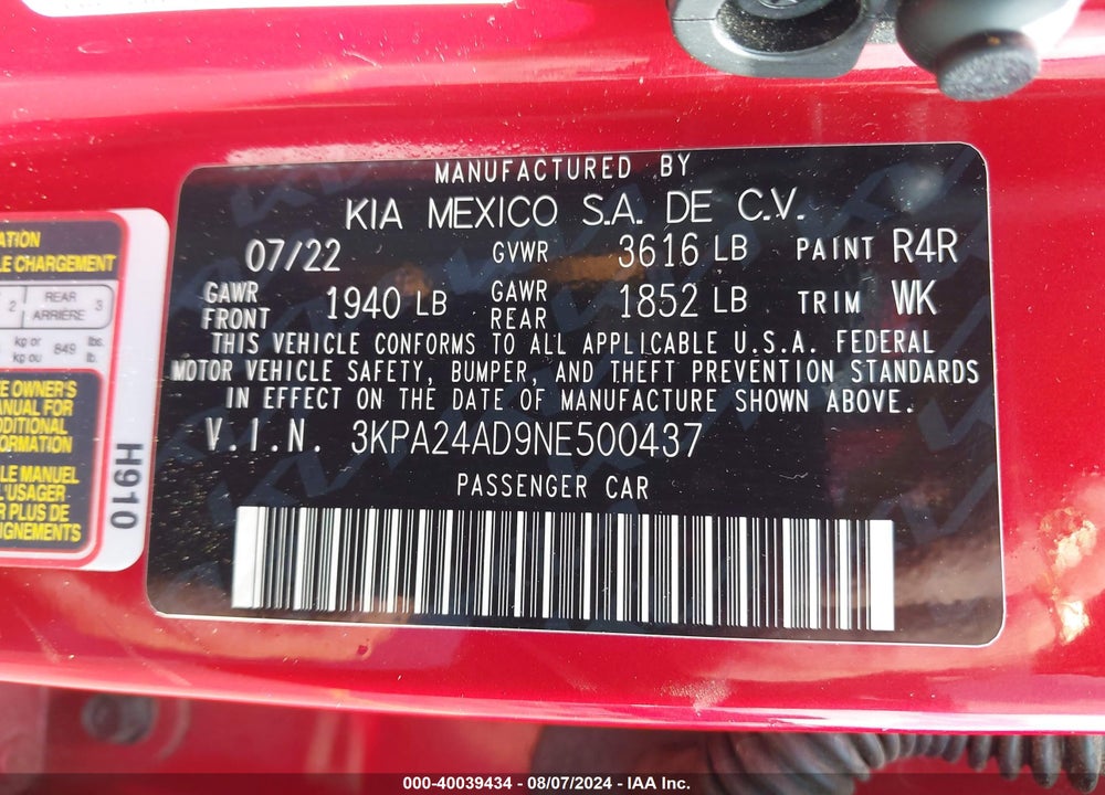 2022 KIA RIO S VIN: 3KPA24AD9NE500437