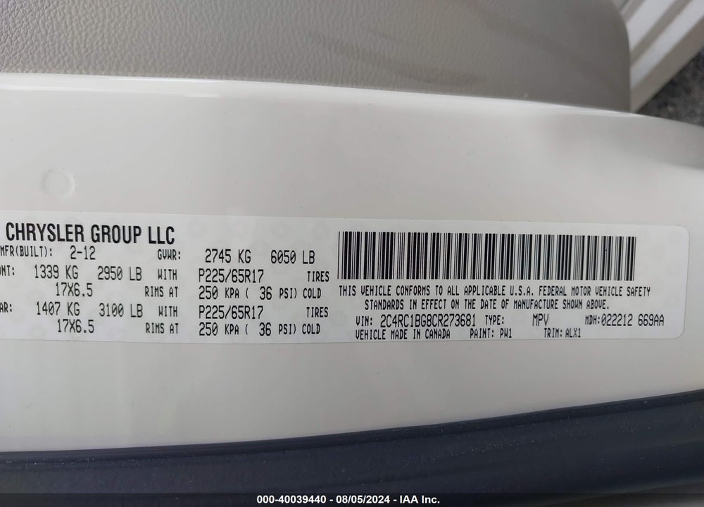 2012 CHRYSLER TOWN & COUNTRY TOURING VIN: 2C4RC1BG8CR273681