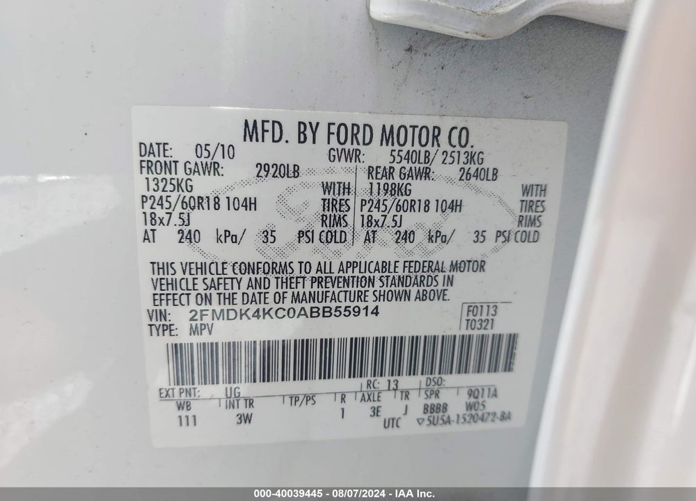 2010 FORD EDGE LIMITED VIN: 2FMDK4KC0ABB55914
