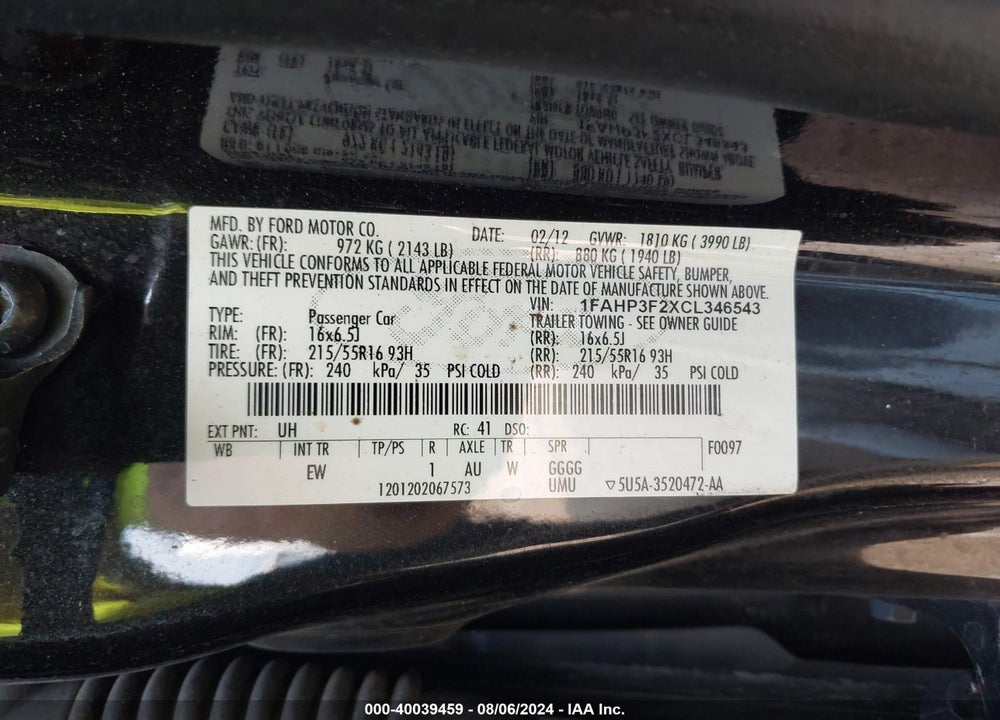 2012 FORD FOCUS SE VIN: 1FAHP3F2XCL346543