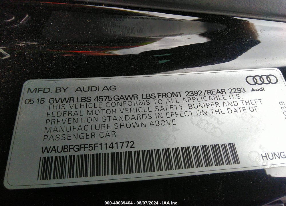 2015 AUDI A3 2.0T PREMIUM VIN: WAUBFGFF5F1141772