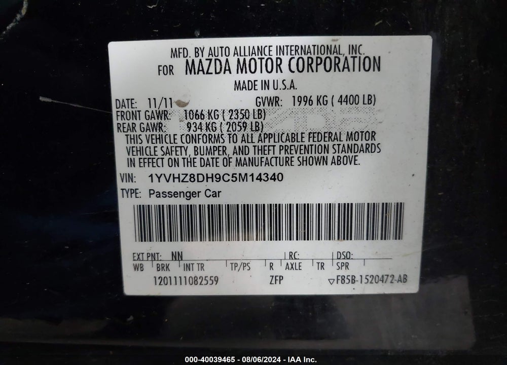 2012 MAZDA MAZDA6 VIN: 1YVHZ8DH9C5M14340