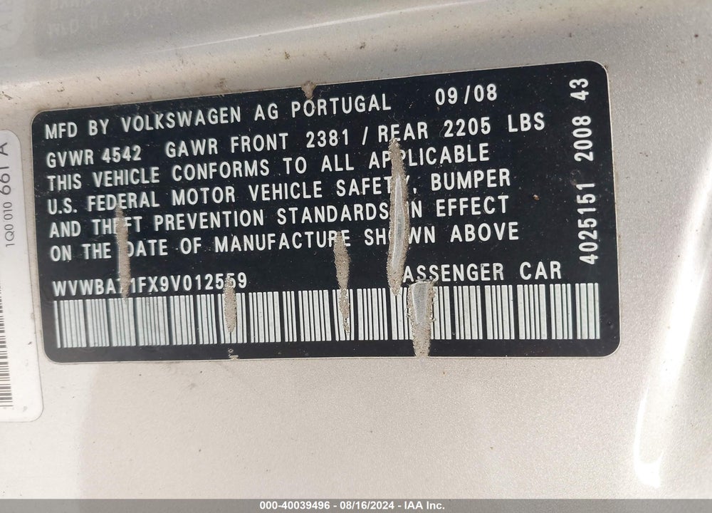 2009 VOLKSWAGEN EOS KOMFORT VIN: WVWBA71FX9V012559
