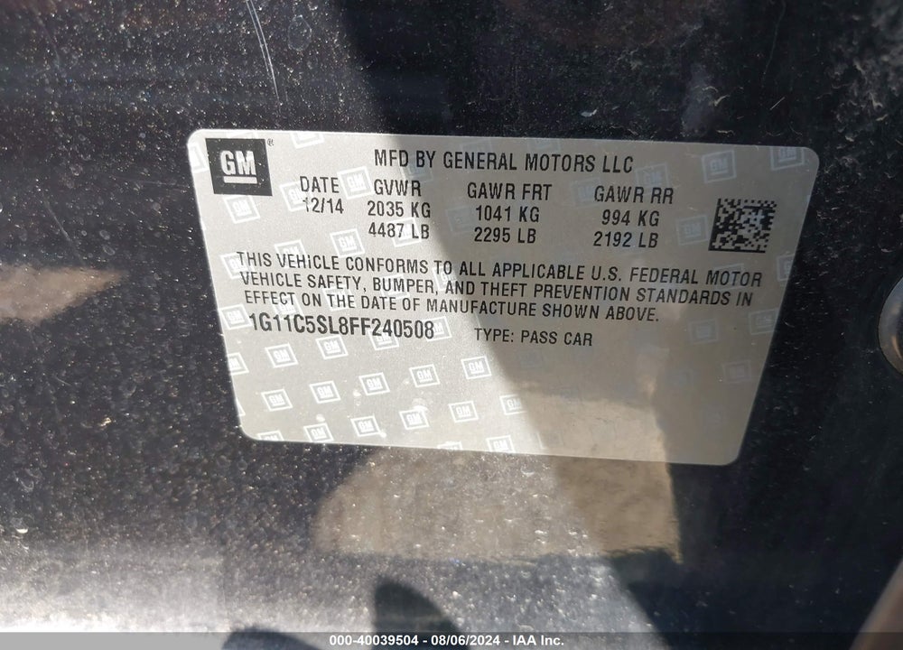 2015 CHEVROLET MALIBU 1LT VIN: 1G11C5SL8FF240508