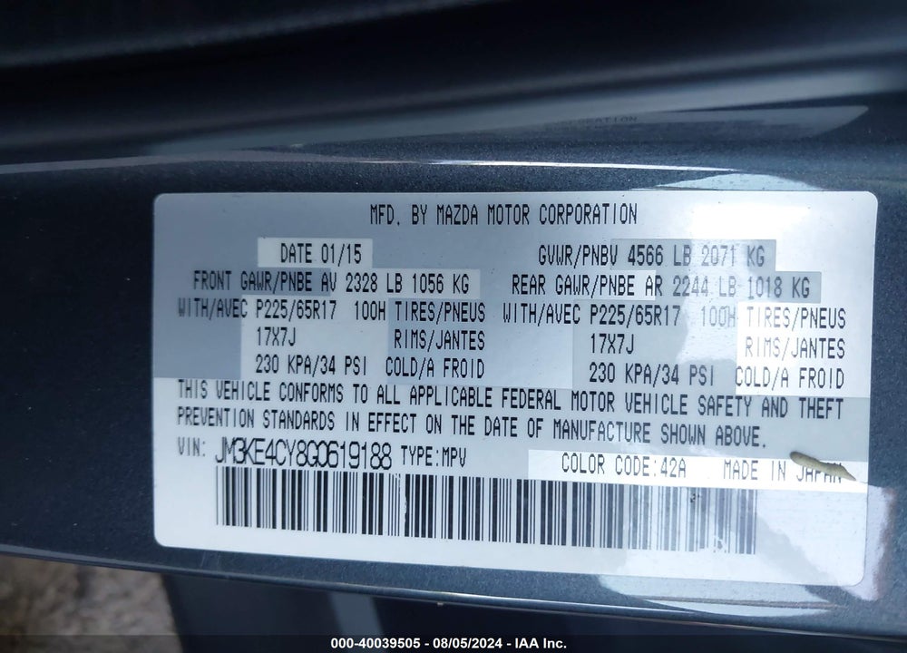 2016 MAZDA CX-5 TOURING VIN: JM3KE4CY8G0619188