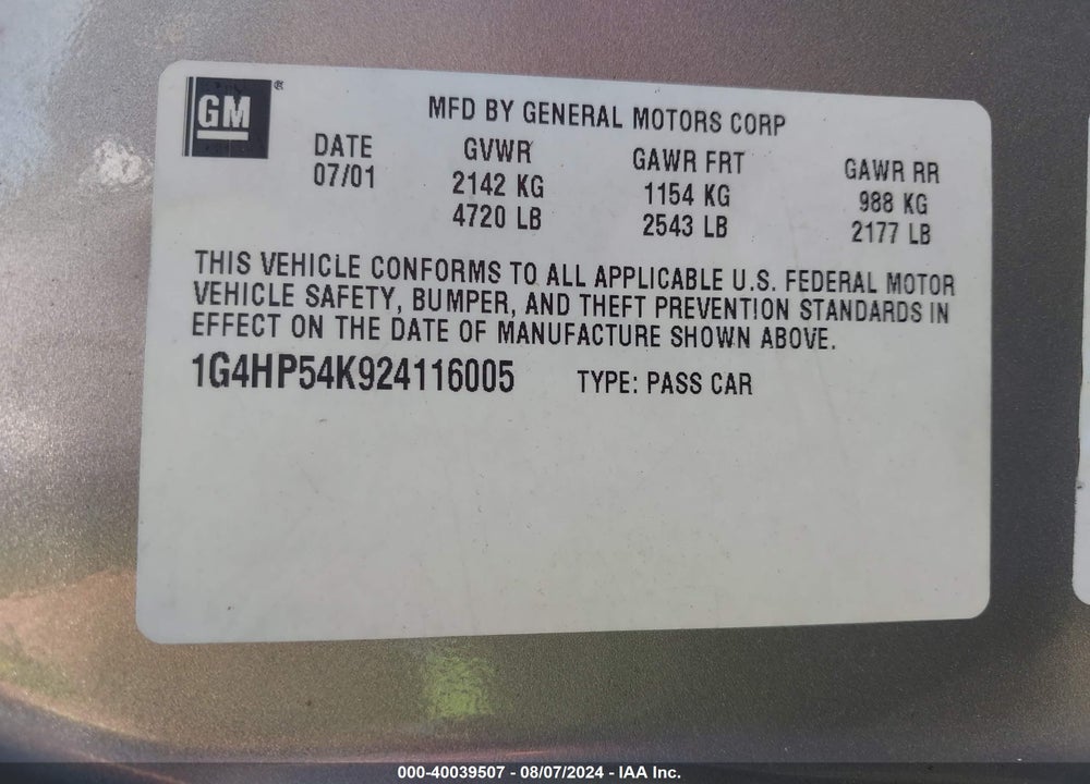 2002 BUICK LESABRE CUSTOM VIN: 1G4HP54K924116005
