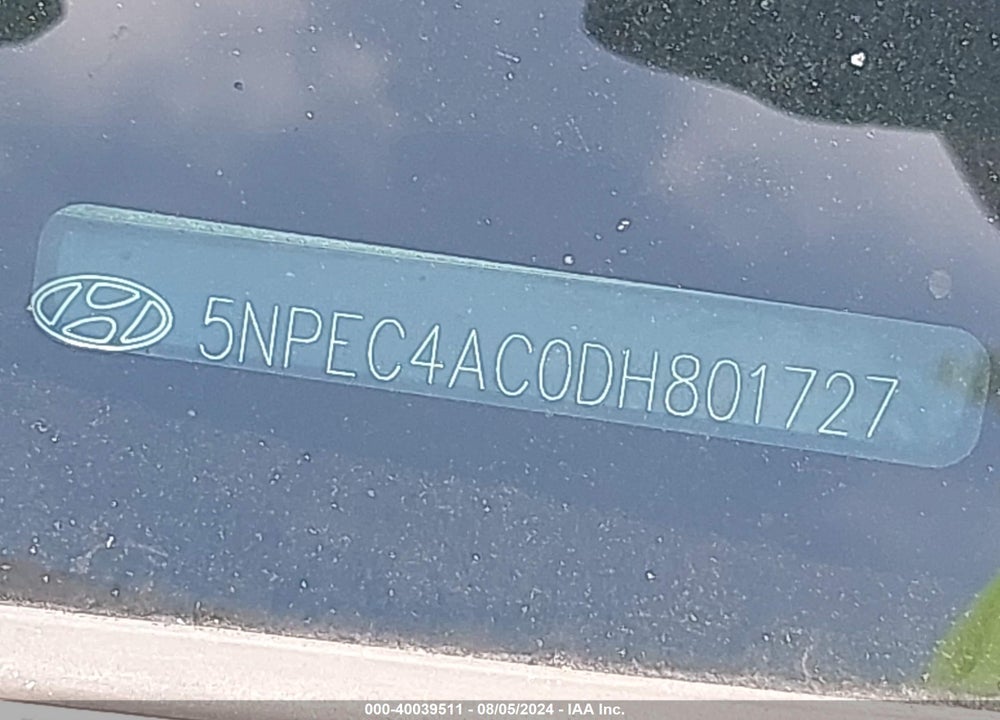 2013 HYUNDAI SONATA SE VIN: 5NPEC4AC0DH801727