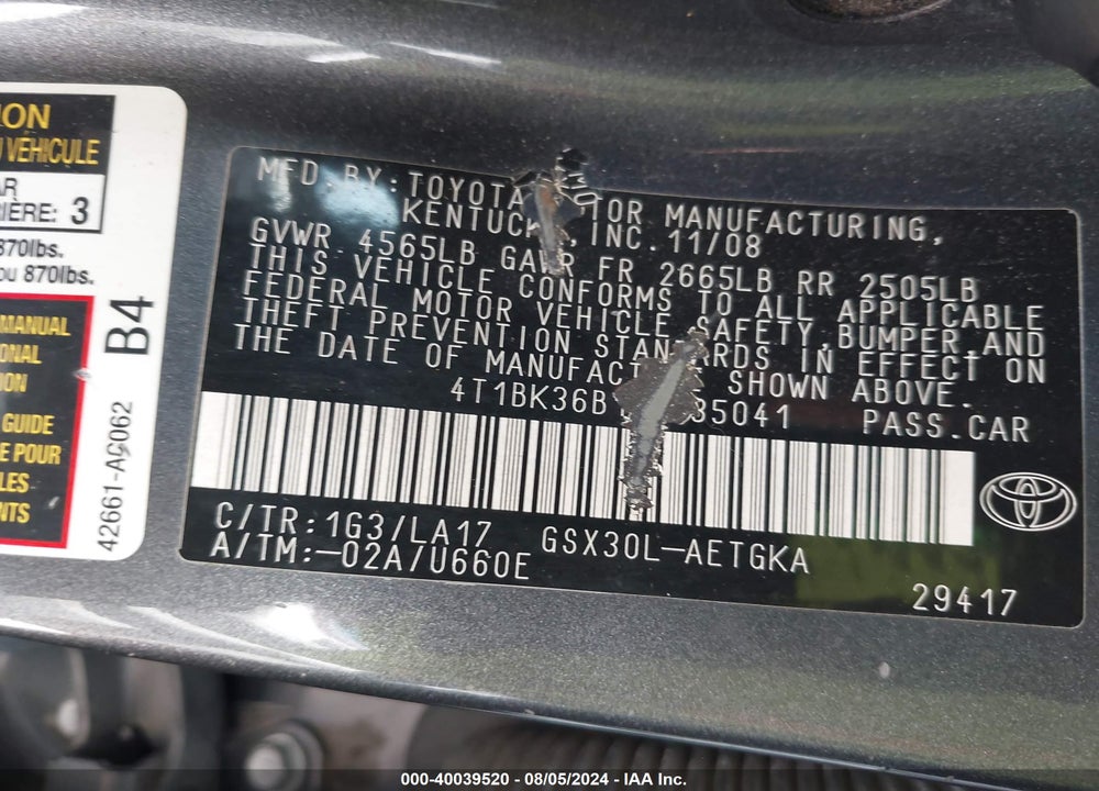 2009 TOYOTA AVALON XLS VIN: 4T1BK36B19U335041
