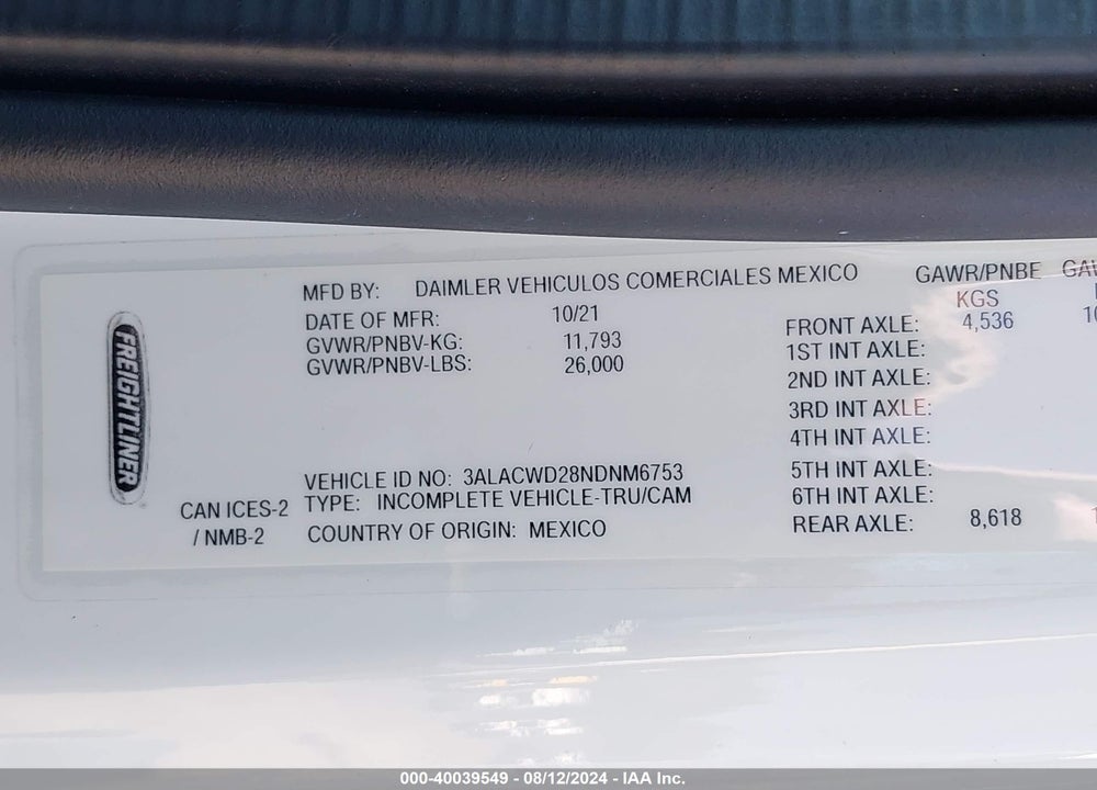 2022 FREIGHTLINER M2 106 VIN: 3ALACWD28NDNM6753