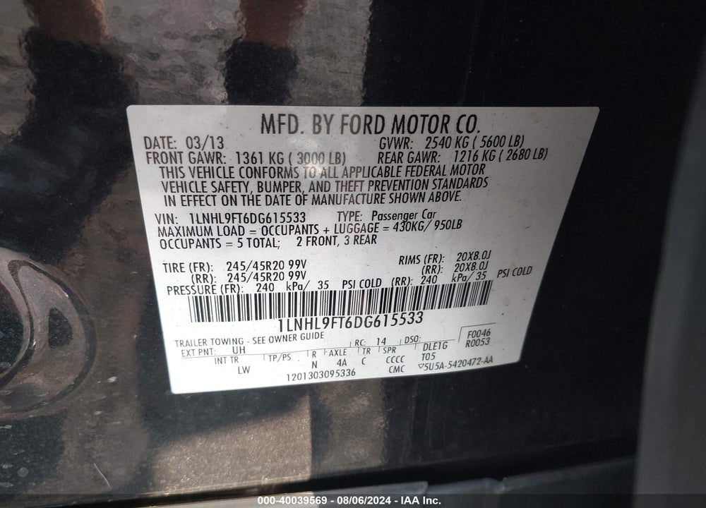 2013 LINCOLN MKS ECOBOOST VIN: 1LNHL9FT6DG615533