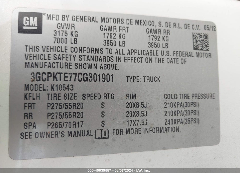 2012 CHEVROLET SILVERADO 1500 LTZ VIN: 3GCPKTE77CG301901