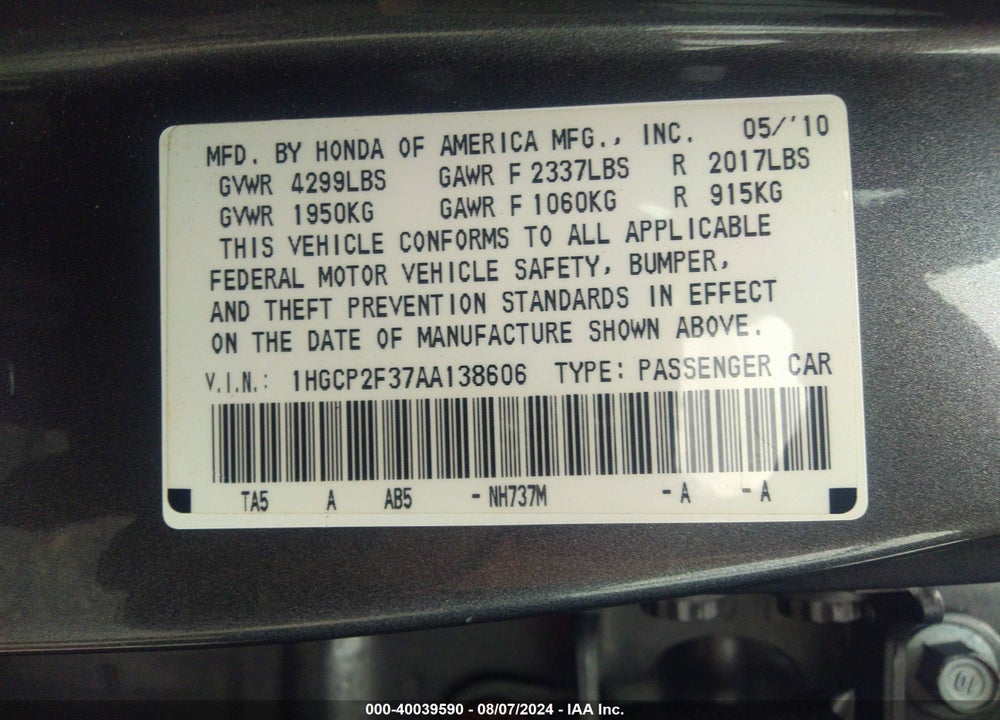 2010 HONDA ACCORD 2.4 LX VIN: 1HGCP2F37AA138606