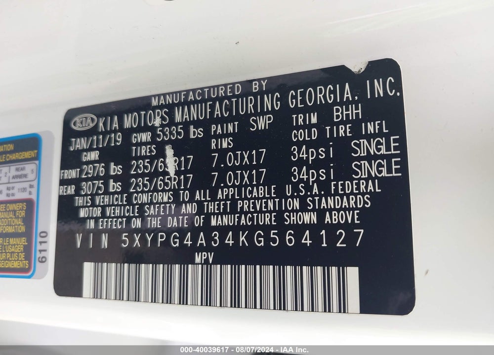2019 KIA SORENTO 2.4L LX VIN: 5XYPG4A34KG564127