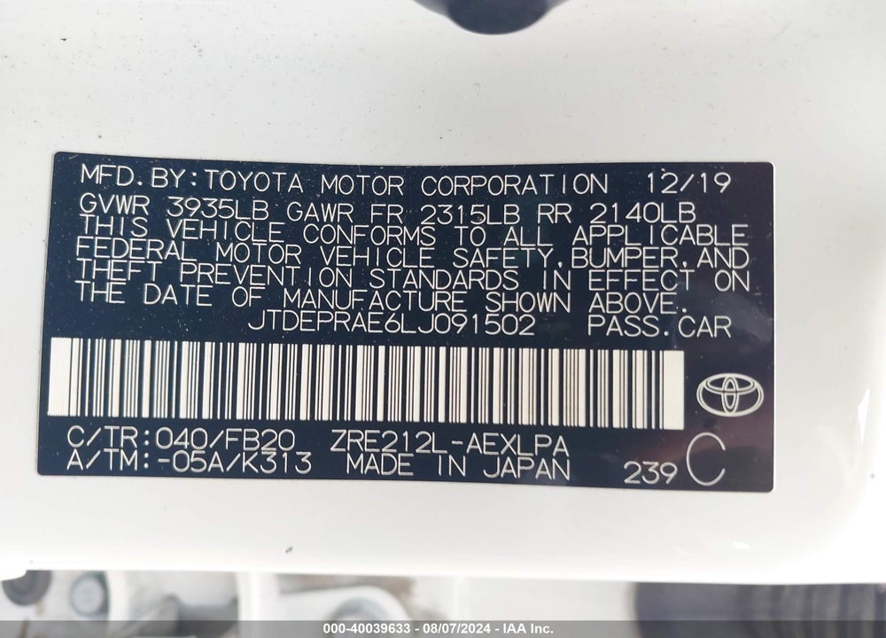 2020 TOYOTA COROLLA LE VIN: JTDEPRAE6LJ091502