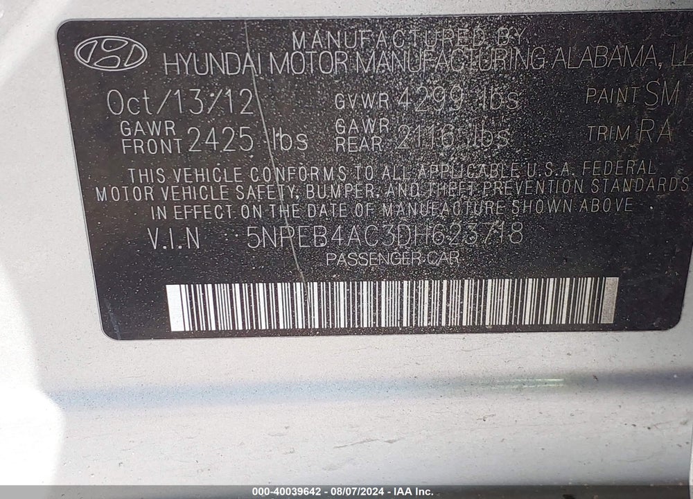 2013 HYUNDAI SONATA GLS VIN: 5NPEB4AC3DH623718