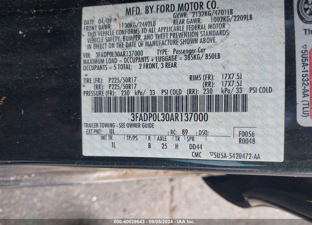 2010 FORD FUSION HYBRID VIN: 3FADP0L30AR137000
