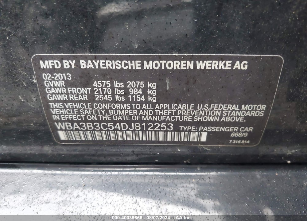 2013 BMW 328I VIN: WBA3B3C54DJ812253