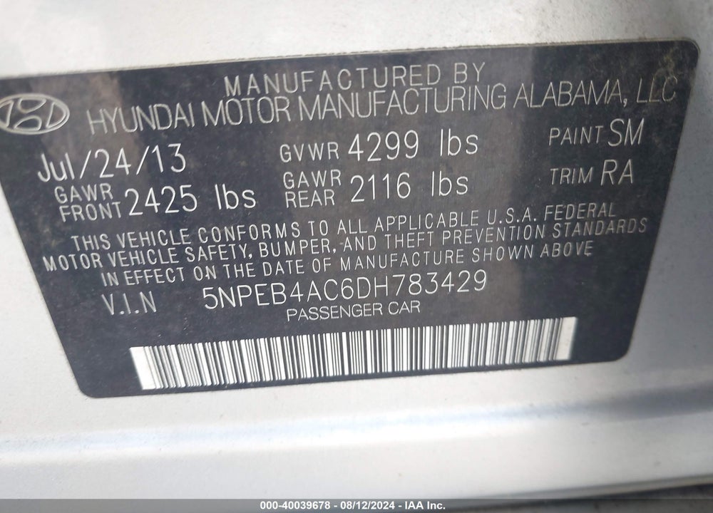 2013 HYUNDAI SONATA GLS VIN: 5NPEB4AC6DH783429