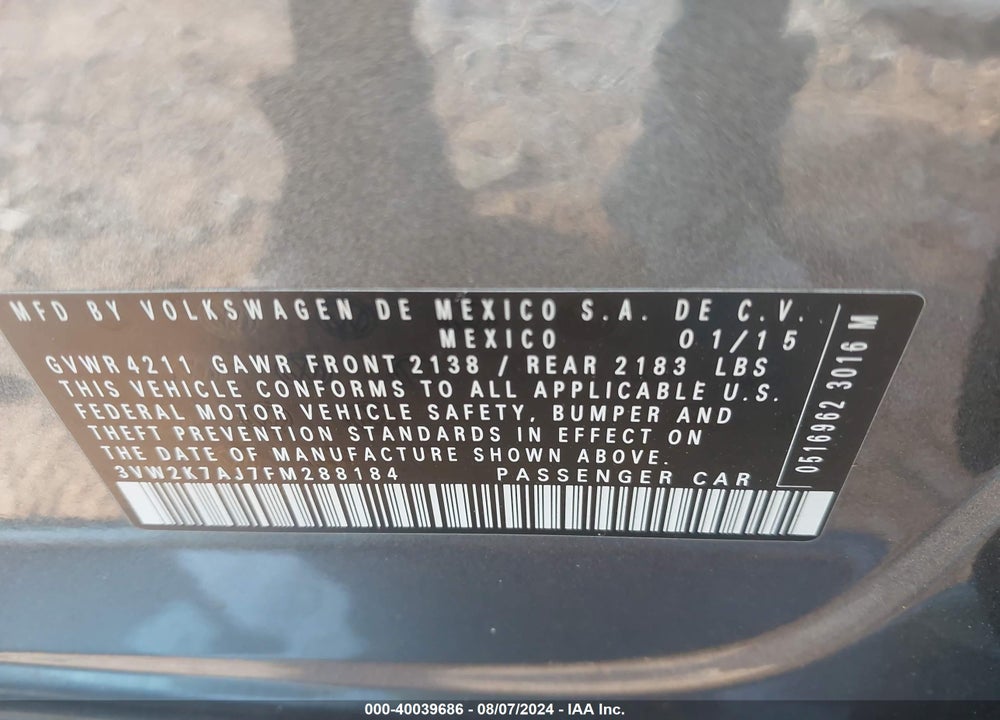 2015 VOLKSWAGEN JETTA 2.0L S VIN: 3VW2K7AJ7FM288184