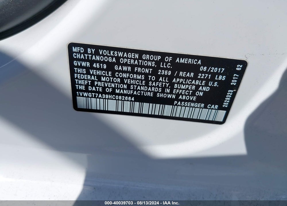 2017 VOLKSWAGEN PASSAT 1.8T SE VIN: 1VWGT7A39HC082664