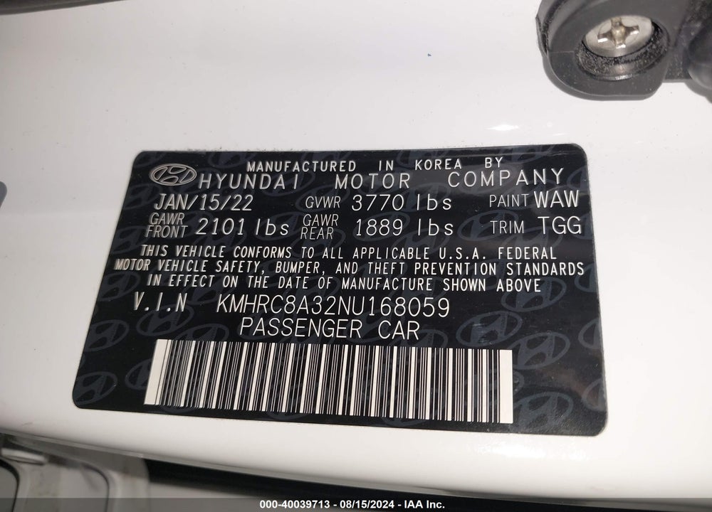 2022 HYUNDAI VENUE SEL VIN: KMHRC8A32NU168059