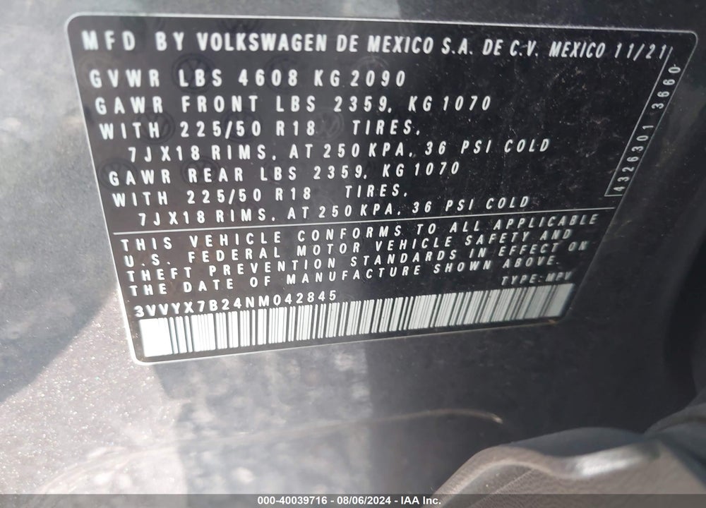 2022 VOLKSWAGEN TAOS 1.5T SE VIN: 3VVYX7B24NM042845
