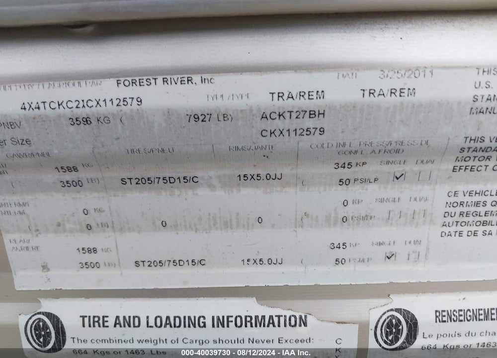 2012 FOREST RIVER TRAVEL TRAILER VIN: 4X4TCKC21CX112579