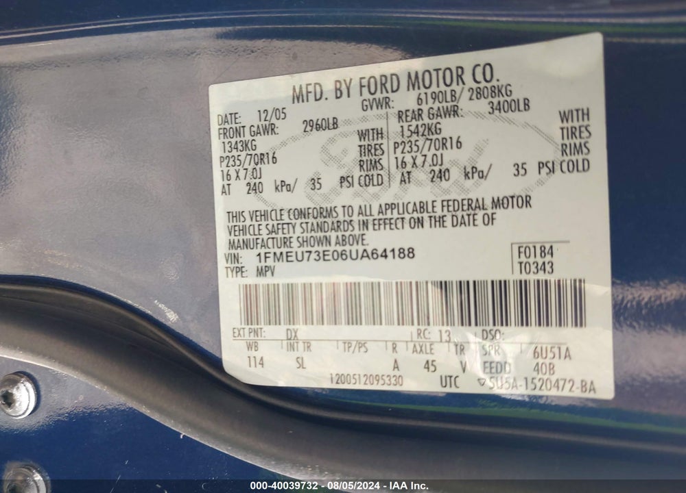 2006 FORD EXPLORER XLT VIN: 1FMEU73E06UA64188