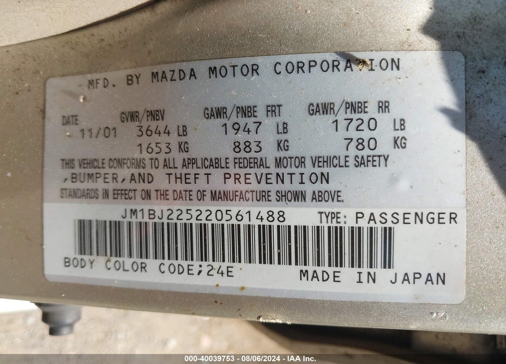 2002 MAZDA PROTEGE DX/ES/LX VIN: JM1BJ225220561488