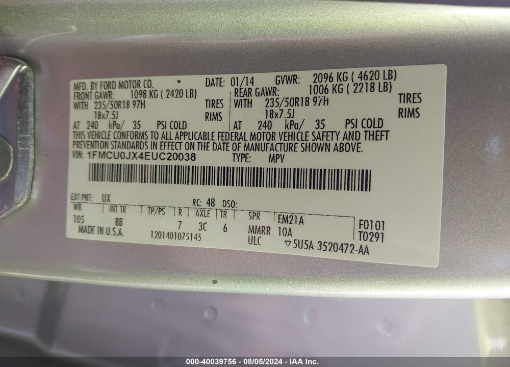 2014 FORD ESCAPE TITANIUM VIN: 1FMCU0JX4EUC20038