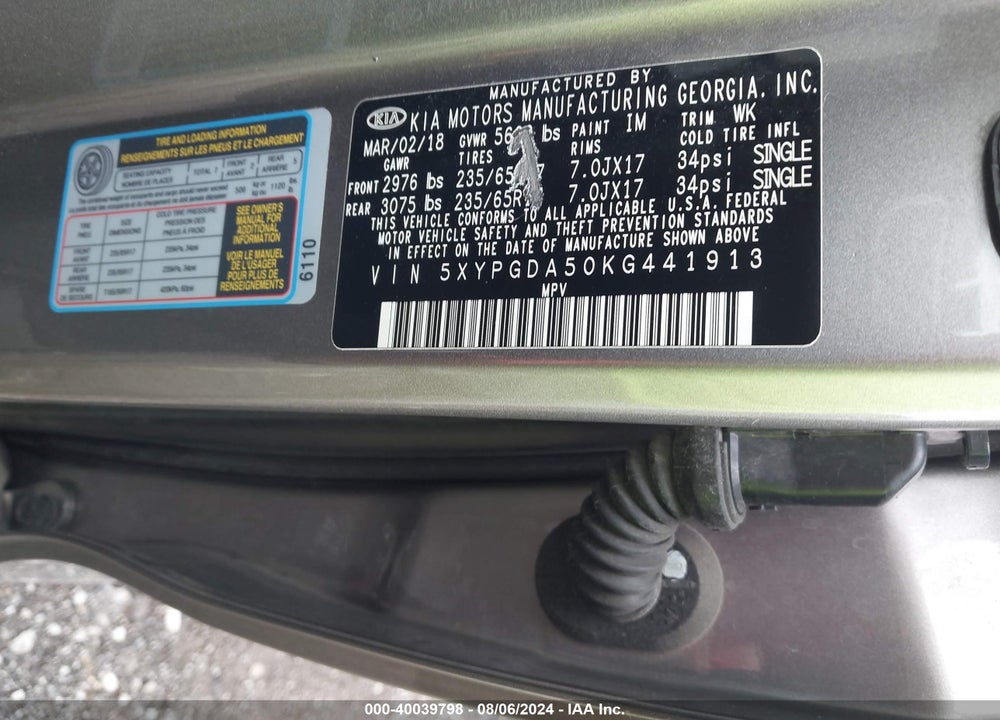 2019 KIA SORENTO 3.3L LX VIN: 5XYPGDA50KG441913