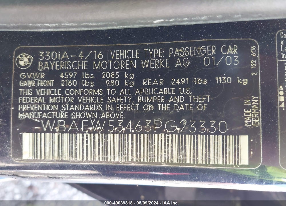 2003 BMW 330XI VIN: WBAEW53463PG23330