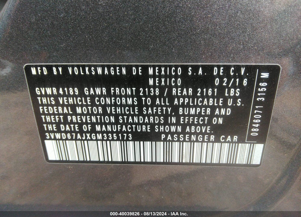 2016 VOLKSWAGEN JETTA 1.4T SE VIN: 3VWD67AJXGM335173