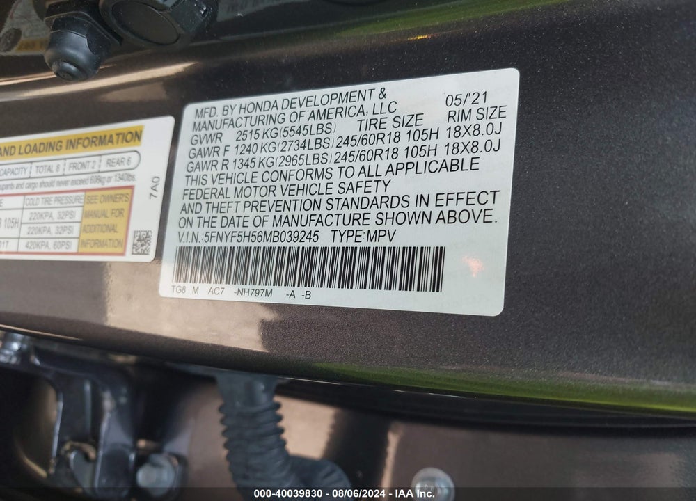 2021 HONDA PILOT 2WD EX-L VIN: 5FNYF5H56MB039245