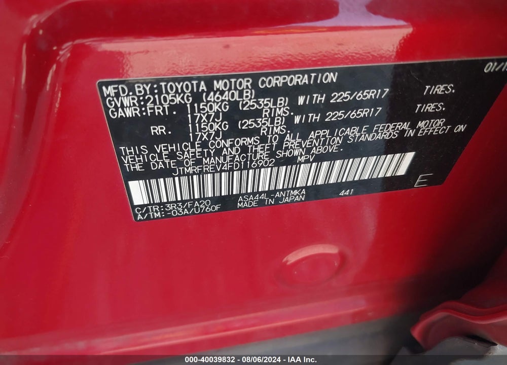 2015 TOYOTA RAV4 XLE VIN: JTMRFREV4FD116902