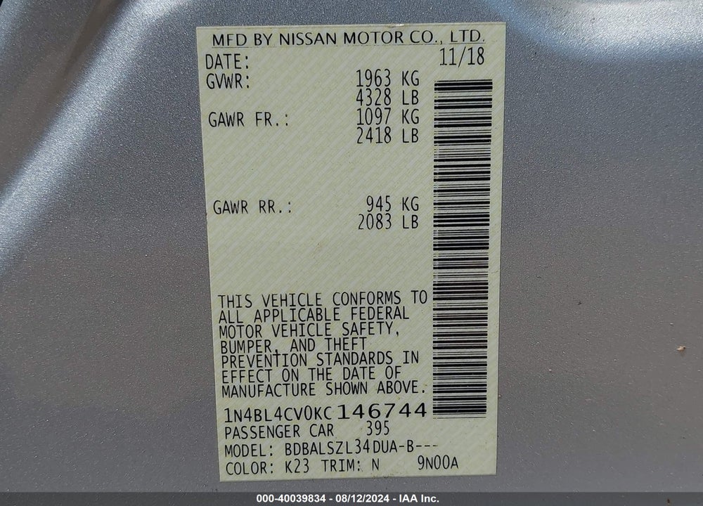 2019 NISSAN ALTIMA 2.5 SR VIN: 1N4BL4CV0KC146744