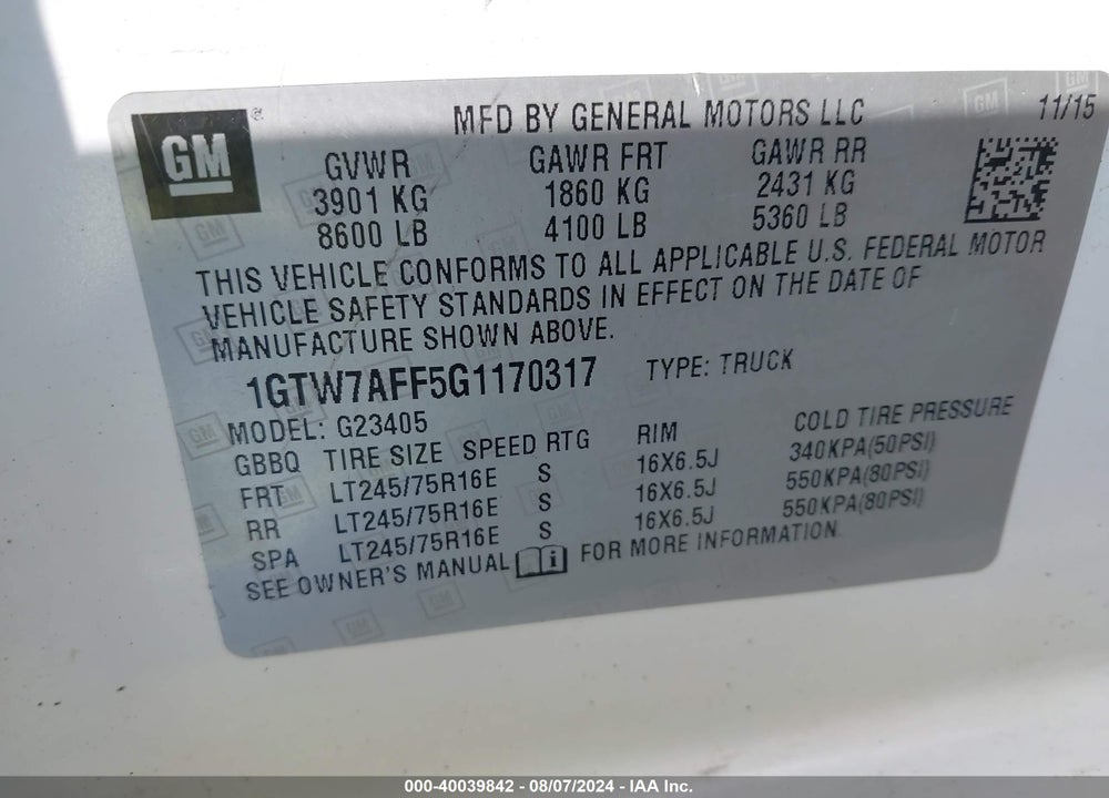 2016 GMC SAVANA 2500 WORK VAN VIN: 1GTW7AFF5G1170317
