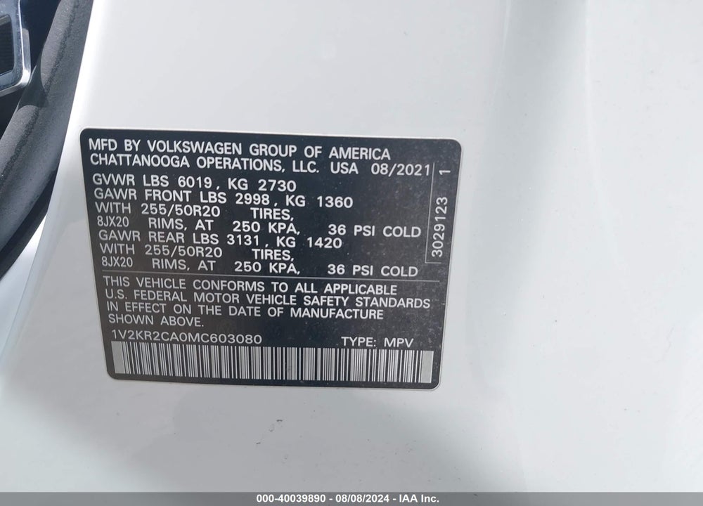 2021 VOLKSWAGEN ATLAS 3.6L V6 SE W/TECHNOLOGY VIN: 1V2KR2CA0MC603080