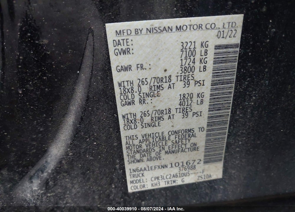 2022 NISSAN TITAN SV 4X2 VIN: 1N6AA1EFXNN101672