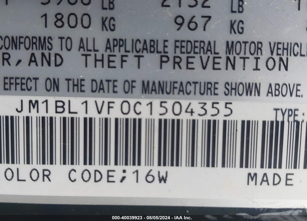 2012 MAZDA 3 I TOURING VIN: JM1BL1VF0C1504355