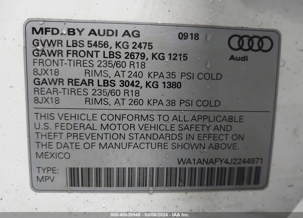 2018 AUDI Q5 2.0T PREMIUM/2.0T TECH PREMIUM VIN: WA1ANAFY4J2244971